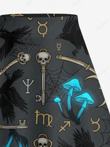 Gothic Plus Size Skull Key Moon Spider Web Mushroom Crow Print Split A Line Skirt