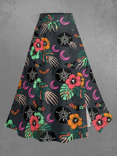 Gothic Plus Size Hibiscus Flower Tropical Leaf Skeleton Hand Print Split A Line Skirt