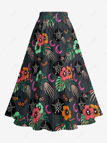 Gothic Plus Size Hibiscus Flower Tropical Leaf Skeleton Hand Print Split A Line Skirt
