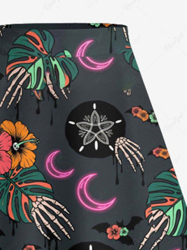Gothic Plus Size Hibiscus Flower Tropical Leaf Skeleton Hand Print Split A Line Skirt