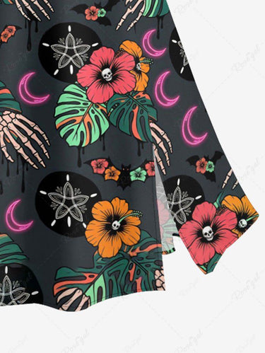 Gothic Plus Size Hibiscus Flower Tropical Leaf Skeleton Hand Print Split A Line Skirt
