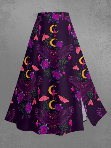 Gothic Plus Size Flower Butterfly Moon Spider Web Owl Print Split A Line Skirt