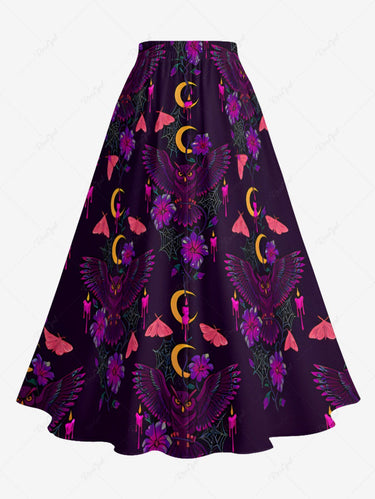 Gothic Plus Size Flower Butterfly Moon Spider Web Owl Print Split A Line Skirt