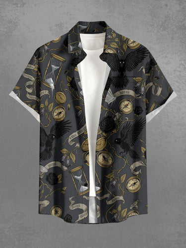 Gothic Plus Size Hourglass Clock Rose Flower Crow Print Button Pocket Shirt For Men