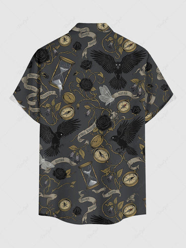 Gothic Plus Size Hourglass Clock Rose Flower Crow Print Button Pocket Shirt For Men