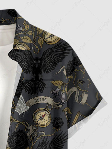 Gothic Plus Size Hourglass Clock Rose Flower Crow Print Button Pocket Shirt For Men