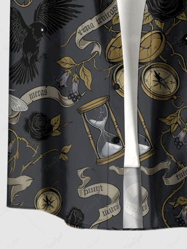 Gothic Plus Size Hourglass Clock Rose Flower Crow Print Button Pocket Shirt For Men
