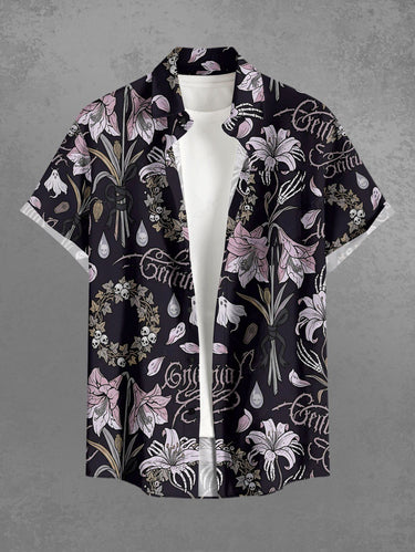 Gothic Plus Size Skull Flower Plant Print Button Pocket Shirt For Men