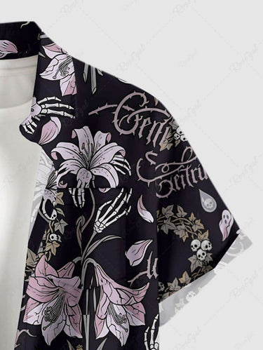 Gothic Plus Size Skull Flower Plant Print Button Pocket Shirt For Men