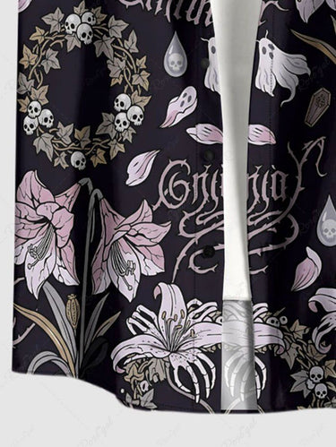 Gothic Plus Size Skull Flower Plant Print Button Pocket Shirt For Men