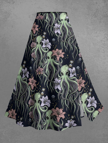 Gothic Plus Size Octopus Flower Print Split A Line Skirt
