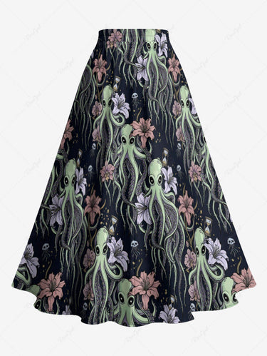 Gothic Plus Size Octopus Flower Print Split A Line Skirt
