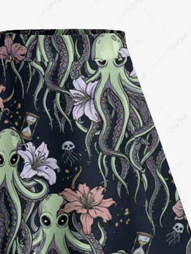 Gothic Plus Size Octopus Flower Print Split A Line Skirt
