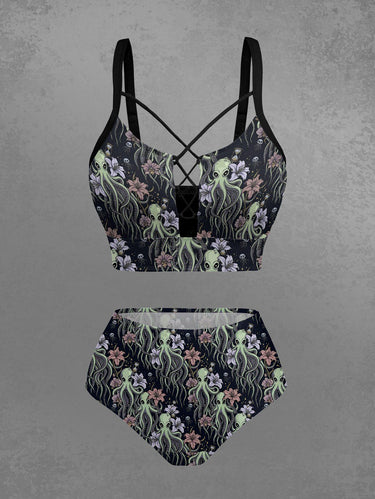 Gothic Octopus Flower Print Lace Up Tankini Swimsuit (Adjustable Shoulder Strap)