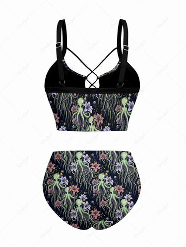Gothic Octopus Flower Print Lace Up Tankini Swimsuit (Adjustable Shoulder Strap)