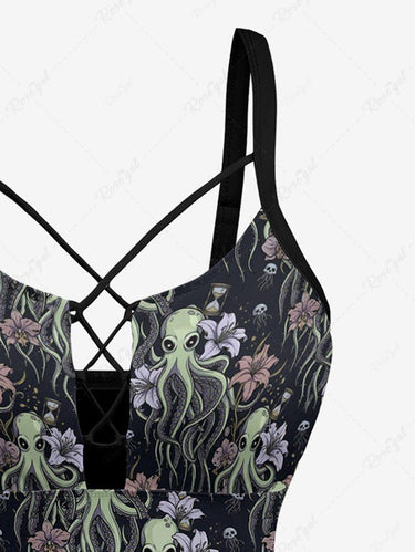 Gothic Octopus Flower Print Lace Up Tankini Swimsuit (Adjustable Shoulder Strap)