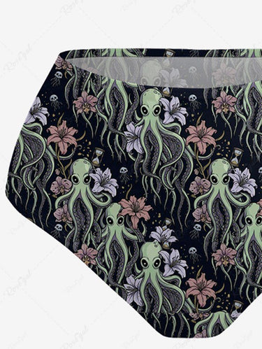 Gothic Octopus Flower Print Lace Up Tankini Swimsuit (Adjustable Shoulder Strap)