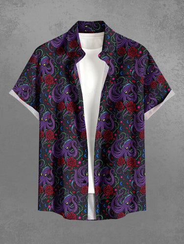 Gothic Plus Size Octopus Rose Flower Print Button Pocket Shirt For Men