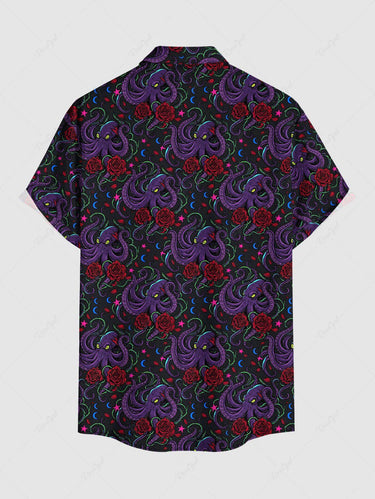 Gothic Plus Size Octopus Rose Flower Print Button Pocket Shirt For Men