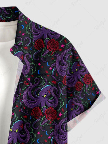 Gothic Plus Size Octopus Rose Flower Print Button Pocket Shirt For Men