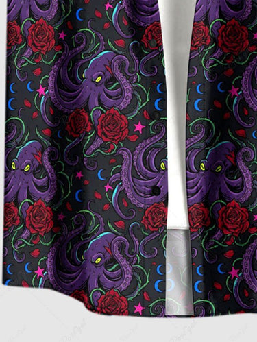Gothic Plus Size Octopus Rose Flower Print Button Pocket Shirt For Men