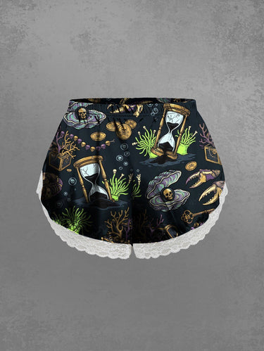 Gothic Plus Size Skull Hourglass Waterweeds Print Lace Trim Pajama Shorts