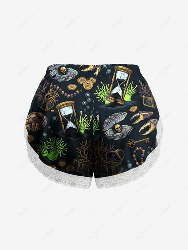 Gothic Plus Size Skull Hourglass Waterweeds Print Lace Trim Pajama Shorts