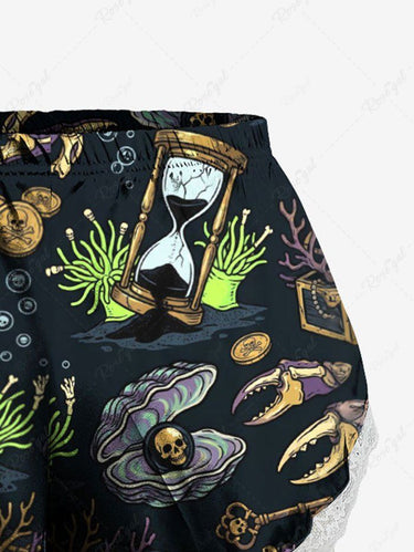 Gothic Plus Size Skull Hourglass Waterweeds Print Lace Trim Pajama Shorts