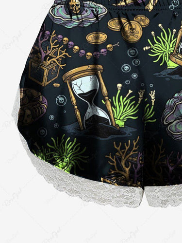 Gothic Plus Size Skull Hourglass Waterweeds Print Lace Trim Pajama Shorts