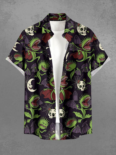 Gothic Plus Size Skull Moon Spider Web Cannibal Plant Print Button Pocket Shirt For Men