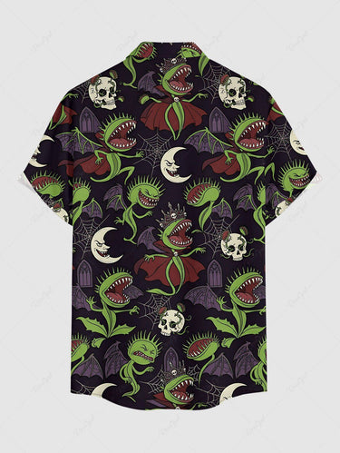 Gothic Plus Size Skull Moon Spider Web Cannibal Plant Print Button Pocket Shirt For Men