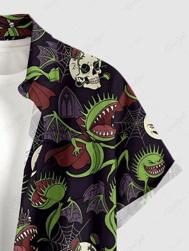 Gothic Plus Size Skull Moon Spider Web Cannibal Plant Print Button Pocket Shirt For Men