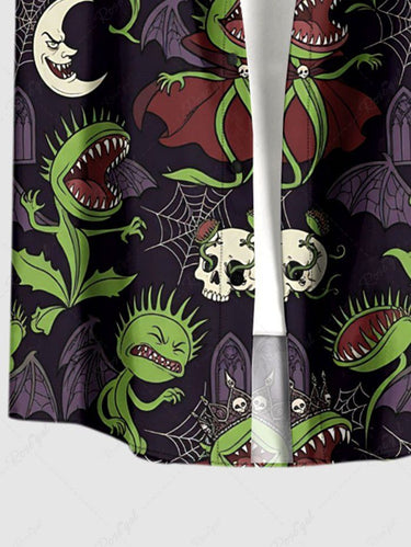 Gothic Plus Size Skull Moon Spider Web Cannibal Plant Print Button Pocket Shirt For Men