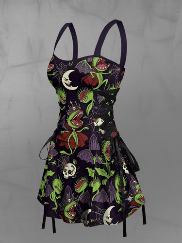 Gothic Skull Moon Spider Web Cannibal Plant Print Lace Up A Line Dress