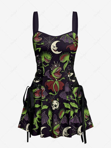 Gothic Skull Moon Spider Web Cannibal Plant Print Lace Up A Line Dress
