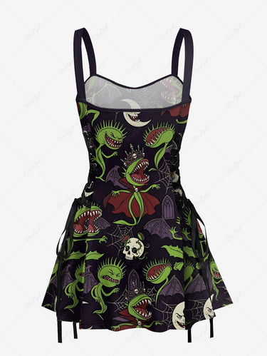 Gothic Skull Moon Spider Web Cannibal Plant Print Lace Up A Line Dress