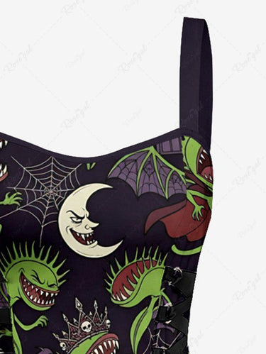 Gothic Skull Moon Spider Web Cannibal Plant Print Lace Up A Line Dress