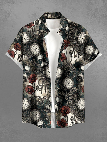 Gothic Plus Size Skull Clock Hourglass Flower Print Button Pocket Shirt For Men