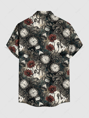Gothic Plus Size Skull Clock Hourglass Flower Print Button Pocket Shirt For Men