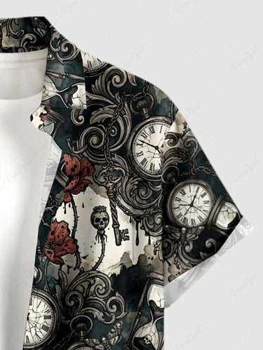 Gothic Plus Size Skull Clock Hourglass Flower Print Button Pocket Shirt For Men