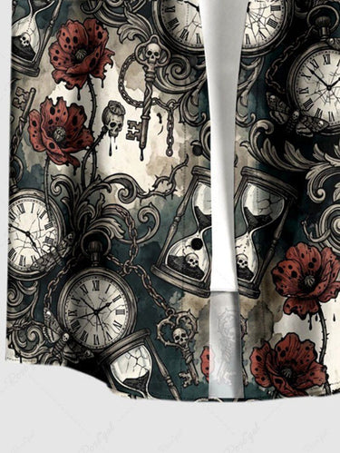 Gothic Plus Size Skull Clock Hourglass Flower Print Button Pocket Shirt For Men