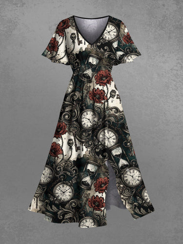 Gothic Plus Size Skull Clock Hourglass Flower Print Split Pocket A Line Midi Dress