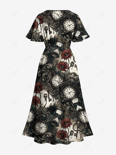 Gothic Plus Size Skull Clock Hourglass Flower Print Split Pocket A Line Midi Dress