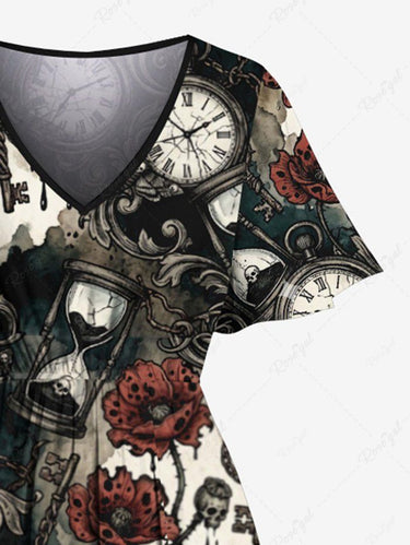 Gothic Plus Size Skull Clock Hourglass Flower Print Split Pocket A Line Midi Dress