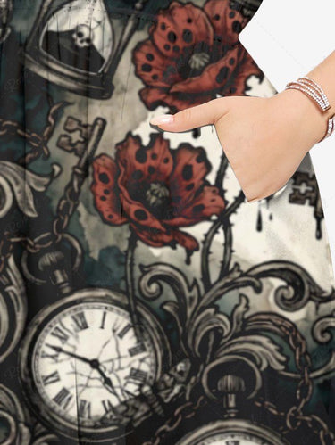Gothic Plus Size Skull Clock Hourglass Flower Print Split Pocket A Line Midi Dress