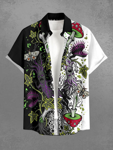 Gothic Plus Size Skull Mushroom Butterfly Tree Branch Cannibal Plant Print Button Pocket Shirt For Men
