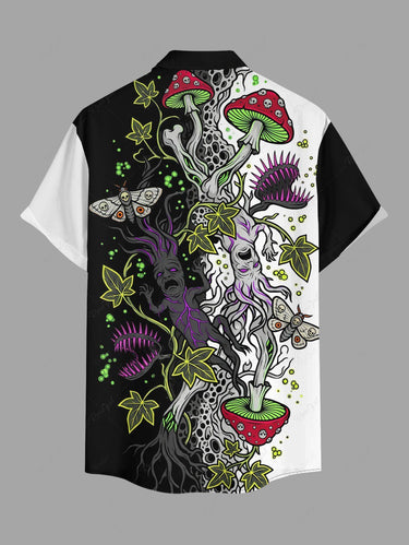 Gothic Plus Size Skull Mushroom Butterfly Tree Branch Cannibal Plant Print Button Pocket Shirt For Men