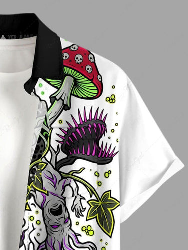 Gothic Plus Size Skull Mushroom Butterfly Tree Branch Cannibal Plant Print Button Pocket Shirt For Men