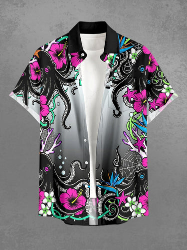 Gothic Plus Size Octopus Hibiscus Flower Spider Web Print Button Pocket Shirt For Men