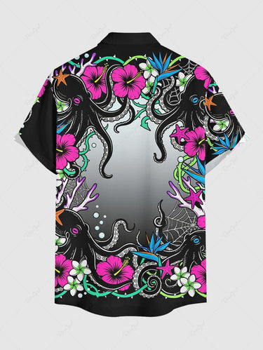Gothic Plus Size Octopus Hibiscus Flower Spider Web Print Button Pocket Shirt For Men